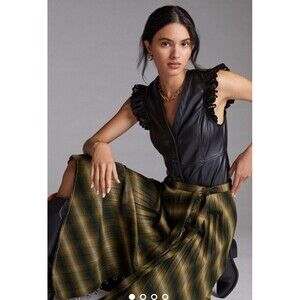 Anthropologie Current Air Ruffled Faux Leather Blouse Black Women’s Size Small